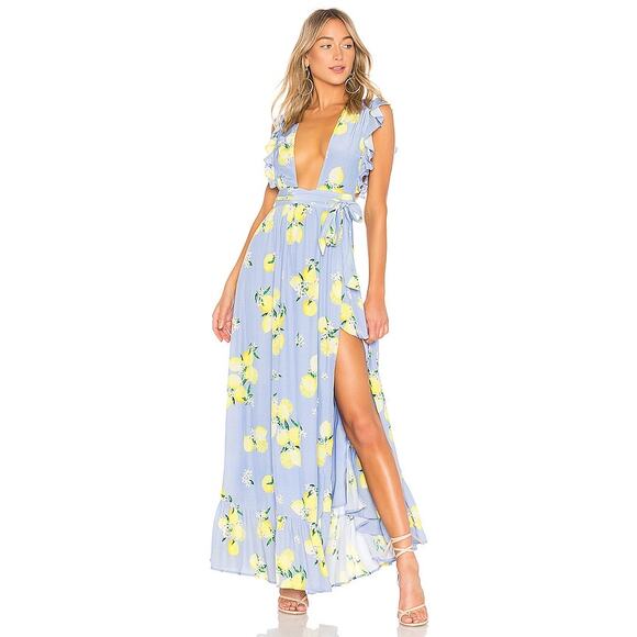 MAJORELLE Dresses & Skirts - Majorelle Sweet Pea Yellow And Blue Lemon Ruffle Wrap Maxi Dress Size L